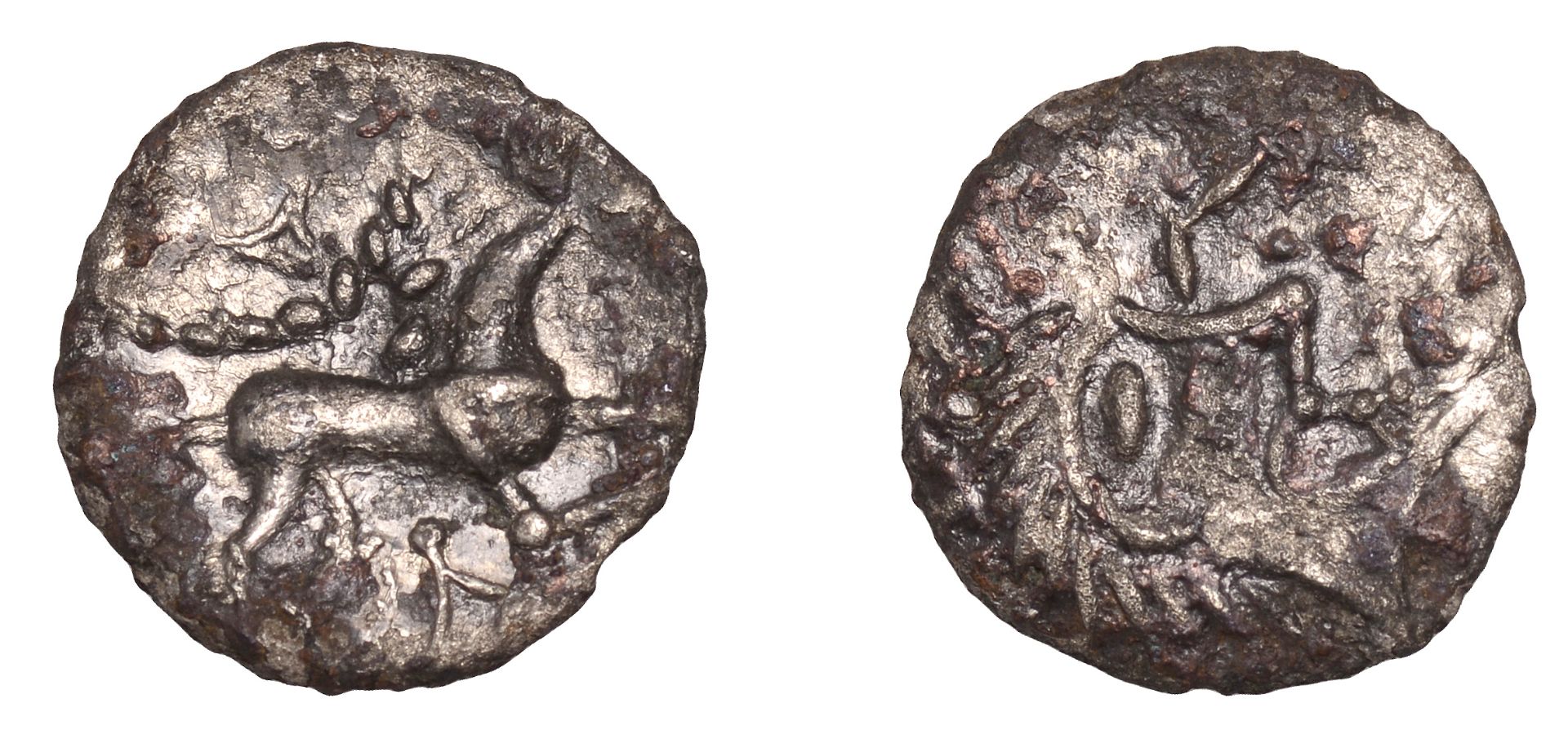 ICENI, Uninscribed series, silver Unit, Face/Horse type, stylised head right, wreath behind,...