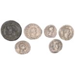 Miscellaneous Roman coins in silver (5) and base metal (1) [6]. Varied state Â£90-Â£120