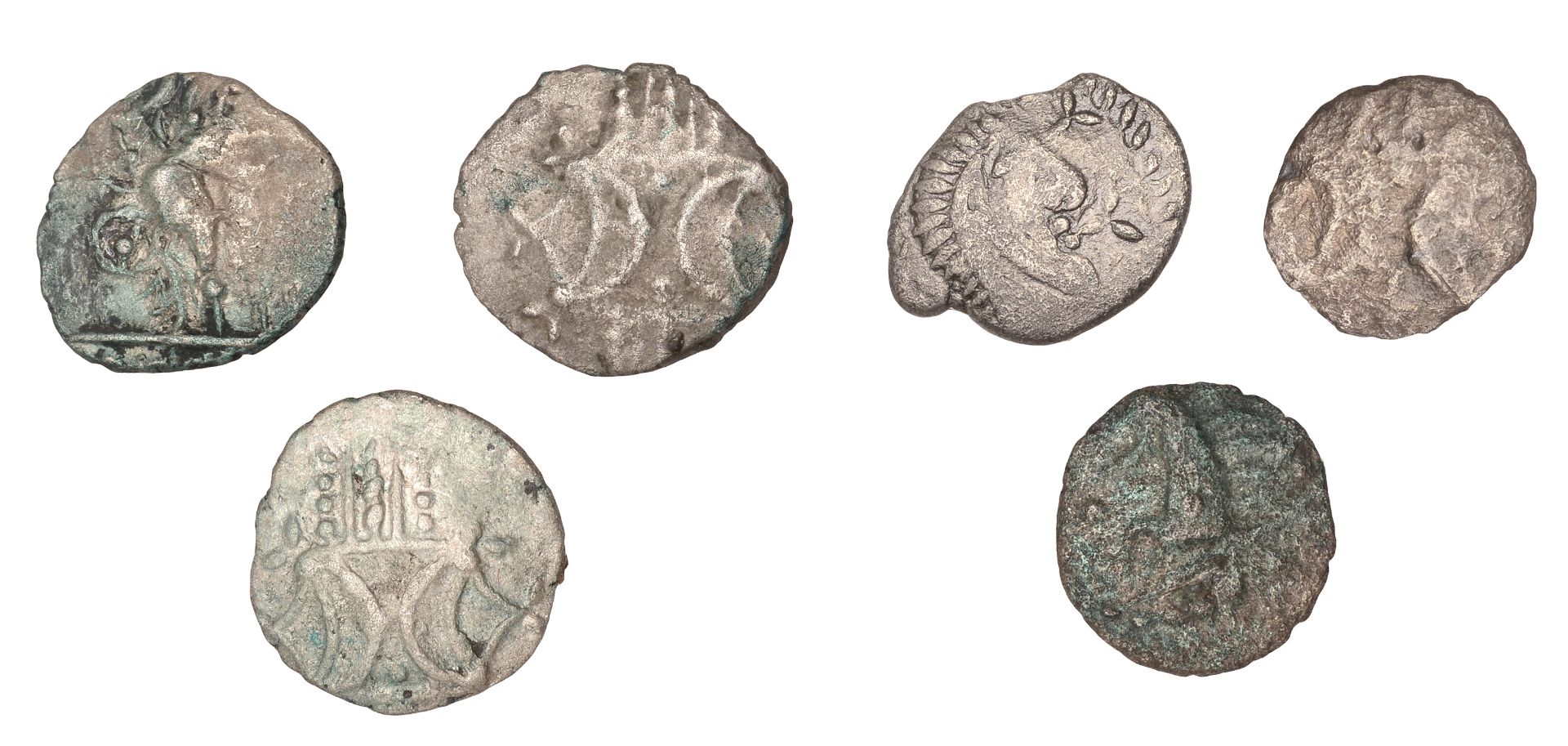 ICENI, Uninscribed issues, silver Unit, Face/Horse type, stylised head right, wreath behind,...