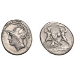 Roman Republican Coinage, Q. Thermus M.f., Denarius, c. 103, helmeted head of Mars left, rev...