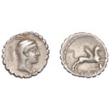 Roman Republican Coinage, L. Papius, serrate Denarius, c. 79, head of Juno Sospita right wea...