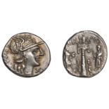 Roman Republican Coinage, C. Augurinus, Denarius, c. 135, helmeted head of Roma right, roma...