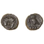 Greek Coinages, SICILY, Kamarina, Ã† Tetras, 420-05, facing gorgoneion, rev. owl standing lef...