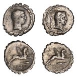 Roman Republican Coinage, L. Papius, serrate Denarii (2), c. 79, head of Juno Sospita right...