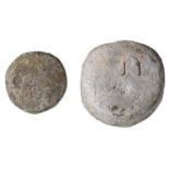 Lead trade weights (2): Elizabeth I, 8 ounce, circular, 47mm diameter x 9mm thick, stamped E...