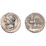 Roman Republican Coinage, Cornelius Scipio Asiagenus, serrate Denarius, c. 106, laureate hea...