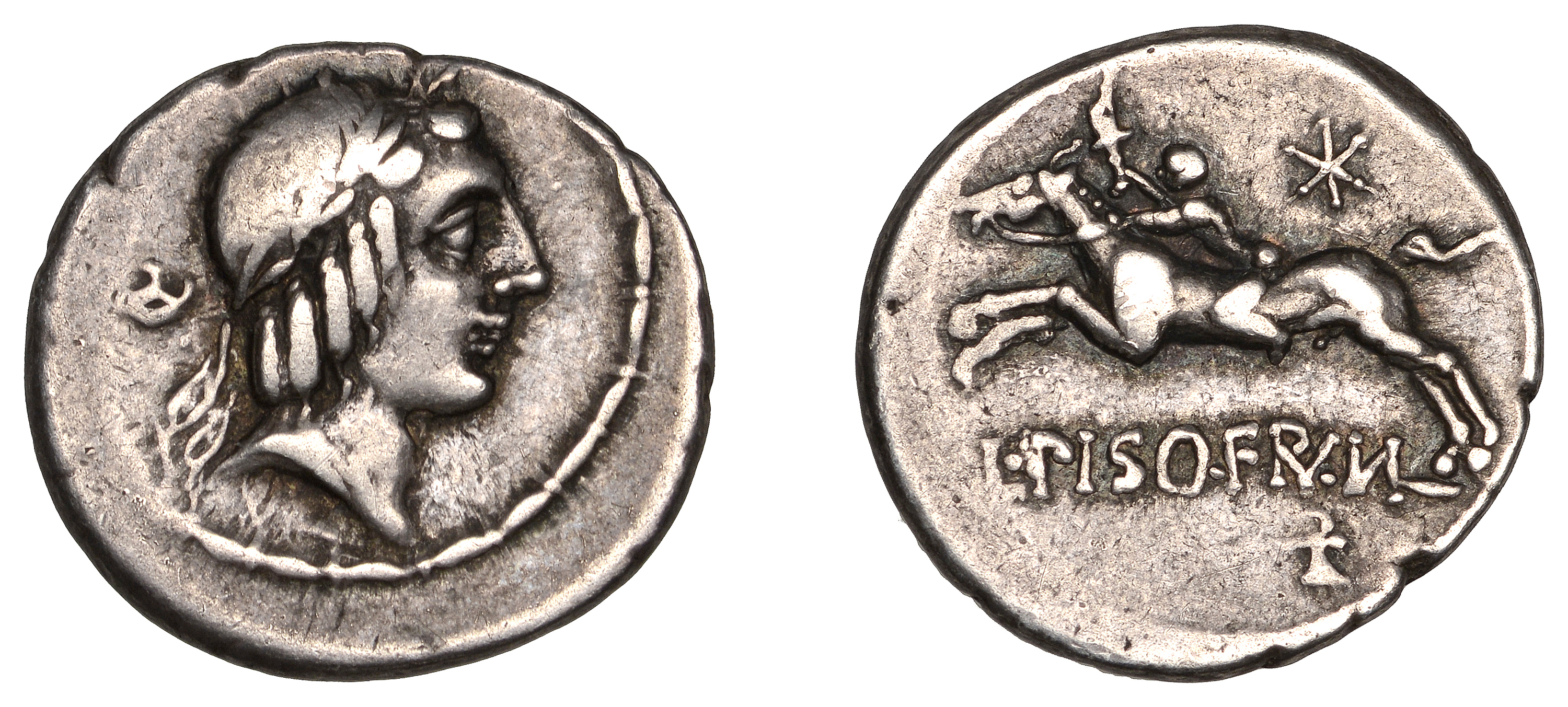 Roman Republican Coinage, L. Calpurnius Piso Frugi, Denarius, c. 90, laureate head of Apollo...