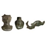Roman, bronze mounts (3), 2nd century AD, bust of a male youth, probably Bacchus, iron rivet...