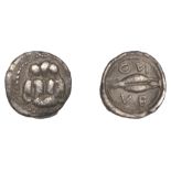 Greek Coinages, SICILY, Leontini, Obol, 475-455, facing lion scalp, rev. Î»Îµ Î¿Î½ divided by ea...
