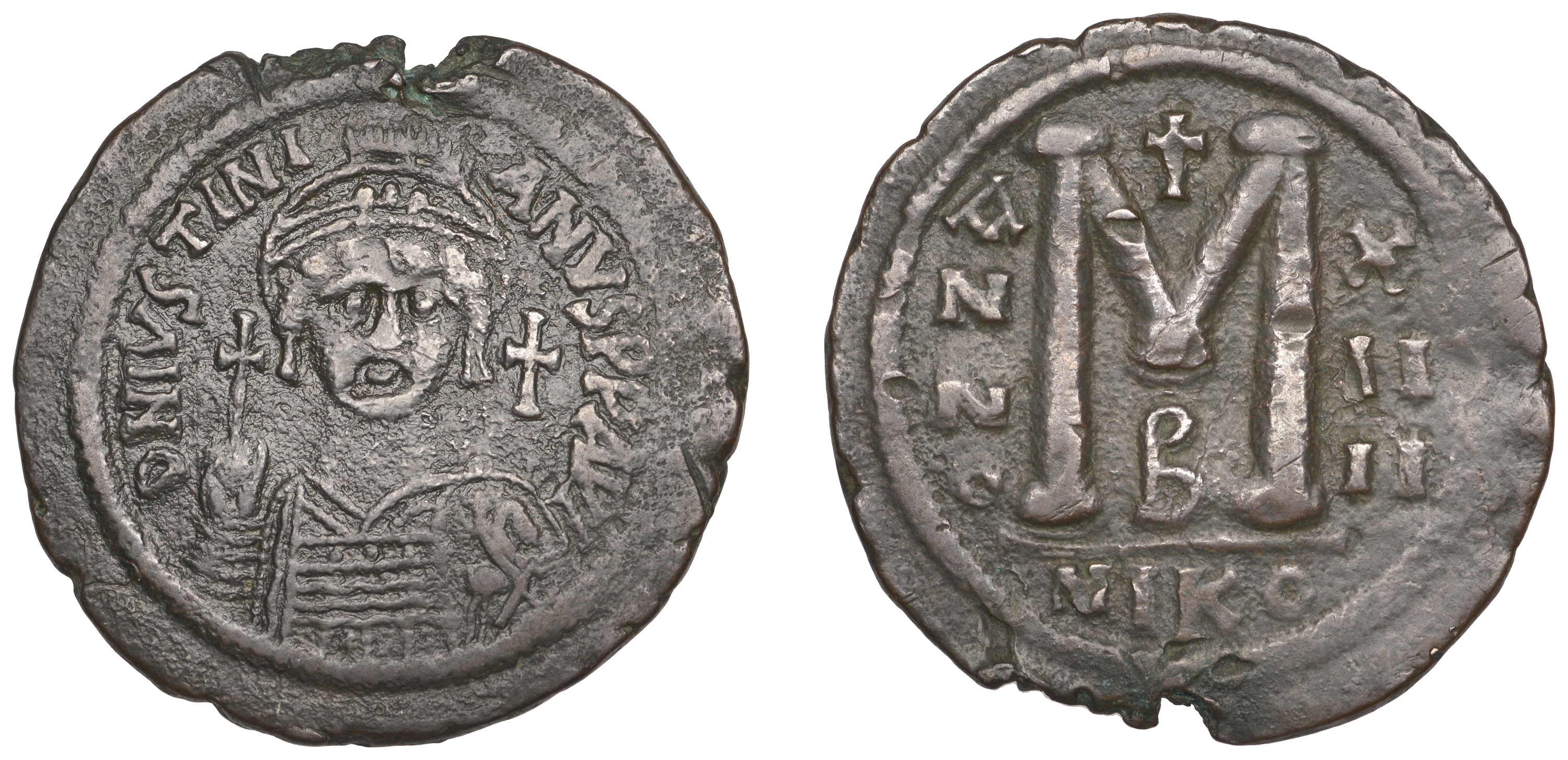 Justinian I, Follis, Nicomedia, yr 14 [540-1], facing bust, rev. large M, 21.77g (DO 118b; S...