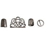 Various silver items including a 14th century annular brooch with pin; 17th century thimble;...