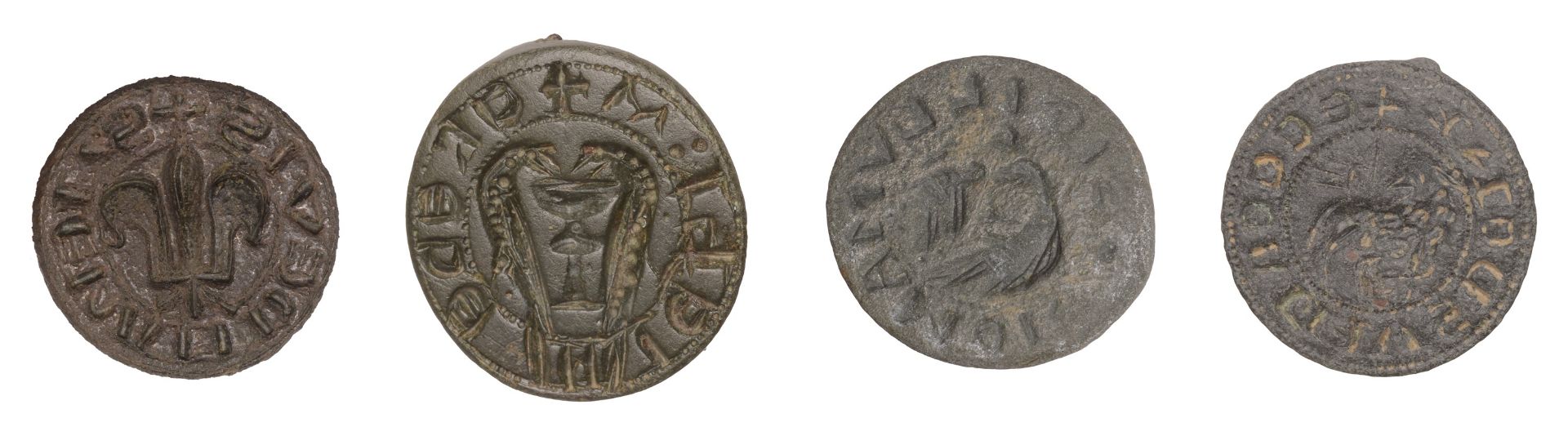 13th-14th century, bronze circular seal matrices (4), two birds perched drinking from a chal...