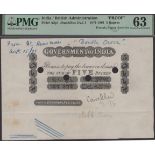 Government of India, proof 5 Rupees on larger format paper, ND (1871), no signatures or seri...