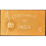 Government of India, the original wax mould for the watermarked paper for 5 Rupees, ND (1933...