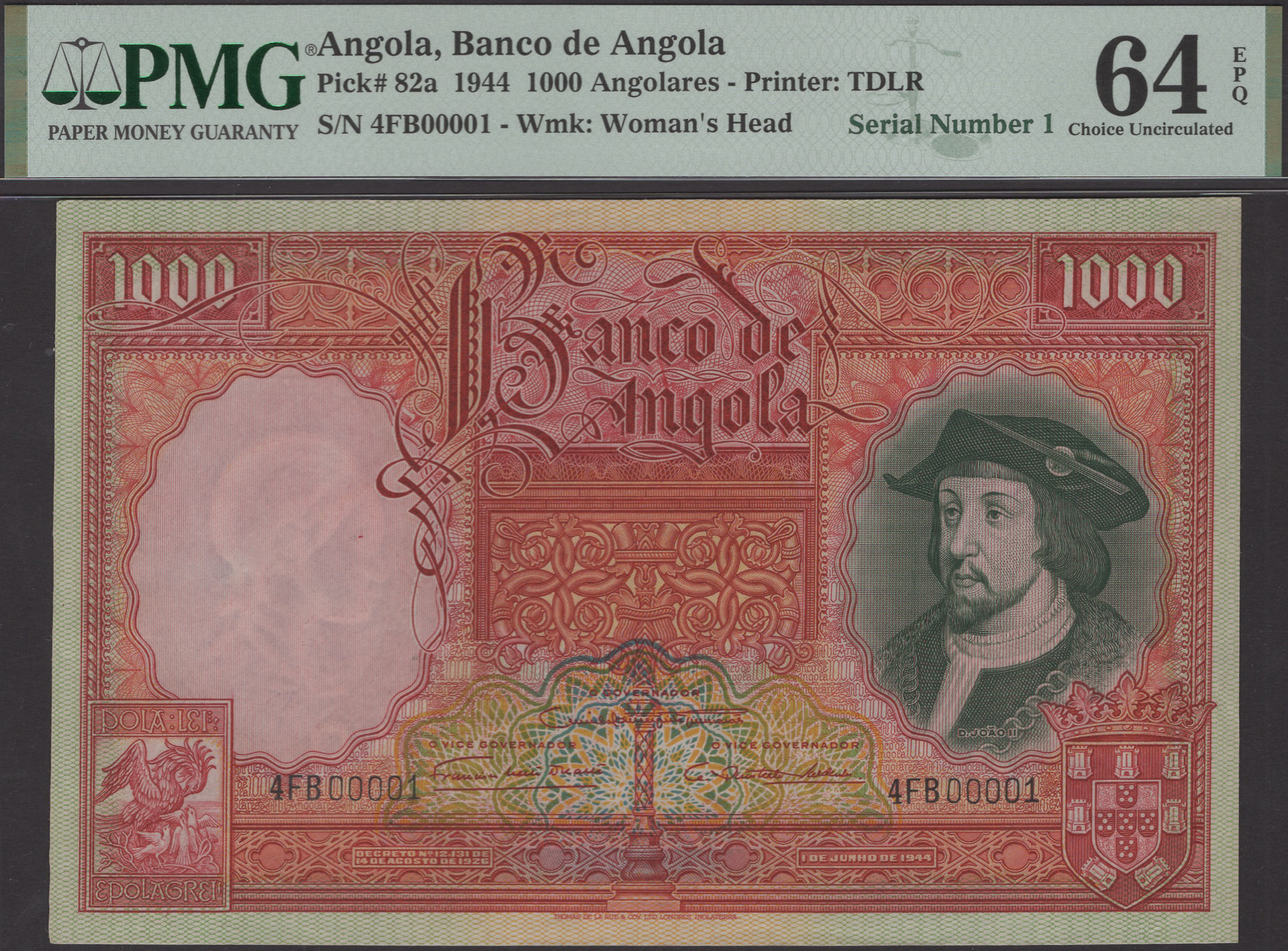 Banco de Angola, 1000 Angolares, 1 June 1944, serial number 4FB 00001, in PMG holder 64 EPQ,...