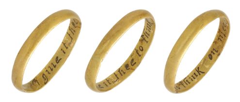 An 18th century gold posy ring, the interior inscribed 'I give it thee to think on mee' in i...