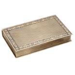 A 9ct gold box modelled as a book, the covers with engine-turned decoration within chased fo...