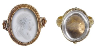 A 19th century intaglio ring and a post-Medieval Islamic ring, the hardstone intaglio carved...