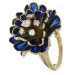 A French enamel ring possibly by FabergÃ©, of flowerhead design, the petals with blue plique-...