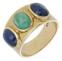 An emerald and sapphire ring, the polished band set with an emerald cabochon with a sapphire...