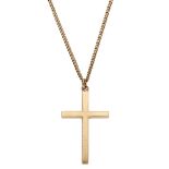 A 9ct gold cross pendant on chain, the plain polished cross suspended on a 9ct gold curb-lin...