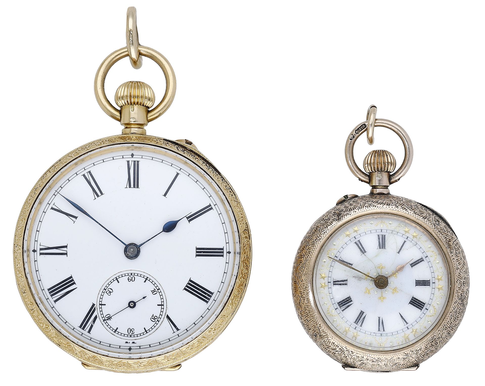 Swiss. Retailed by J. R. Russell. A gold open-faced watch together with a gold lady's watch,...