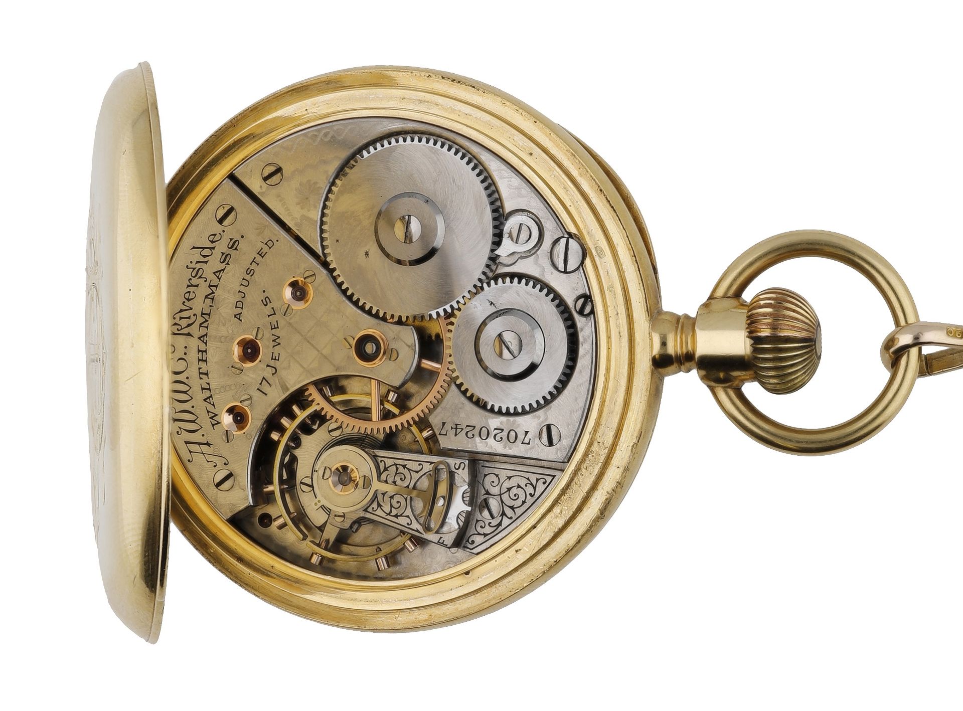 Waltham. Retailed by Hogg & Shaw, Manchester. A gold open-faced keyless watch with gold Albe... - Bild 2 aus 4