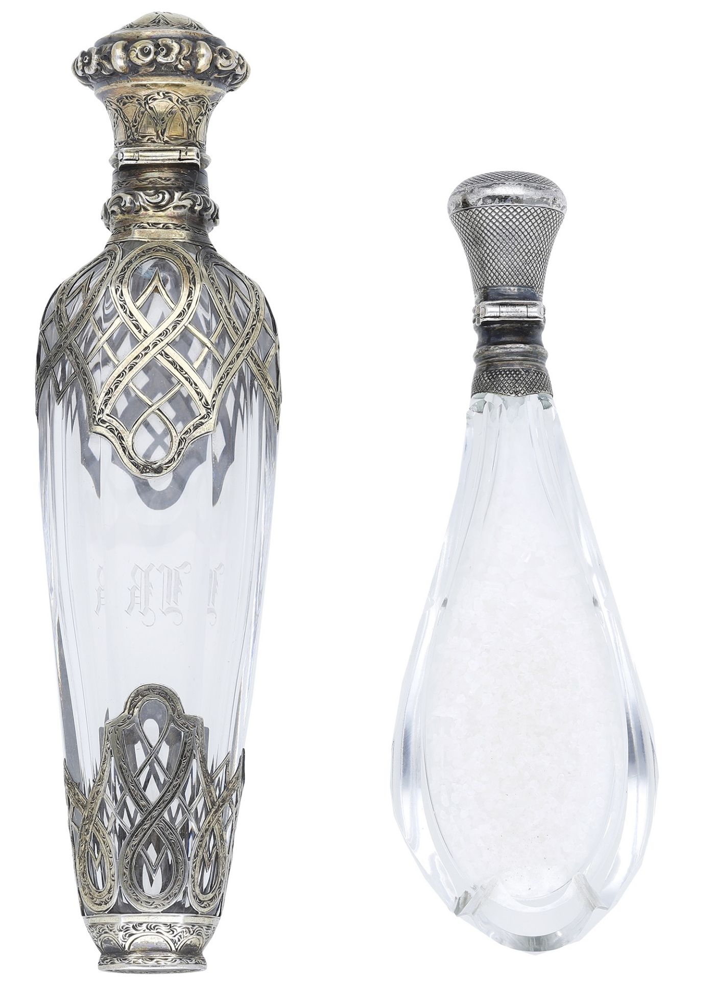 A late 19th century silver-overlaid glass perfume bottle, with pierce-decorated overlay to s... - Image 2 of 3