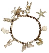 A 9ct charm bracelet, the belcher-link chain bracelet suspending a total of 10 charms, inclu...