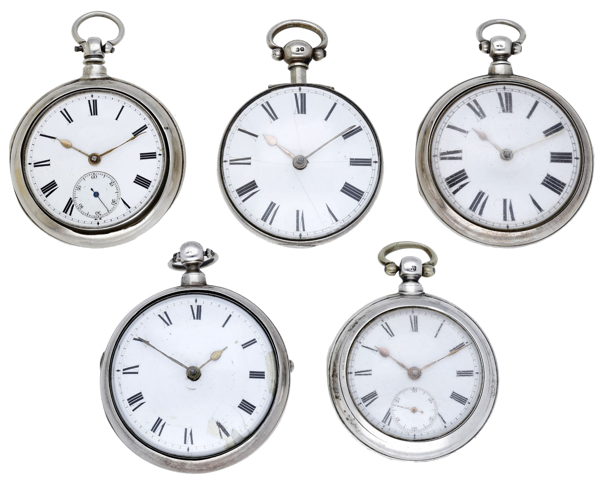 English. A group of five 19th century silver pair cased watches. The group including: J. Ho...