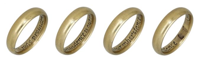 An antique gold posy ring, of D-section, engraved in italic cursive script 'God's provenance...