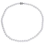 A cultured pearl necklace by Tiffany & Co., the uniform strand of cultured pearls to an 18ct...