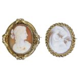 Two 19th century shell cameo brooches, the first carved to depict a classical female in prof...