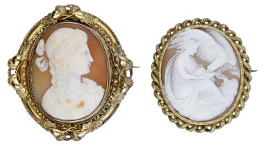 Two 19th century shell cameo brooches, the first carved to depict a classical female in prof...