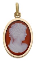 A 19th century hardstone cameo pendant, French, carved to depict the profile of a lady, her...