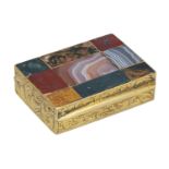 A Victorian gold and hardstone box, the hinged lid inset with jasper, bloodstone, and agates...