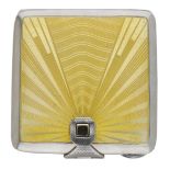 A silver and enamel square compact, the hinged cover with radiating yellow guillochÃ© enamel...