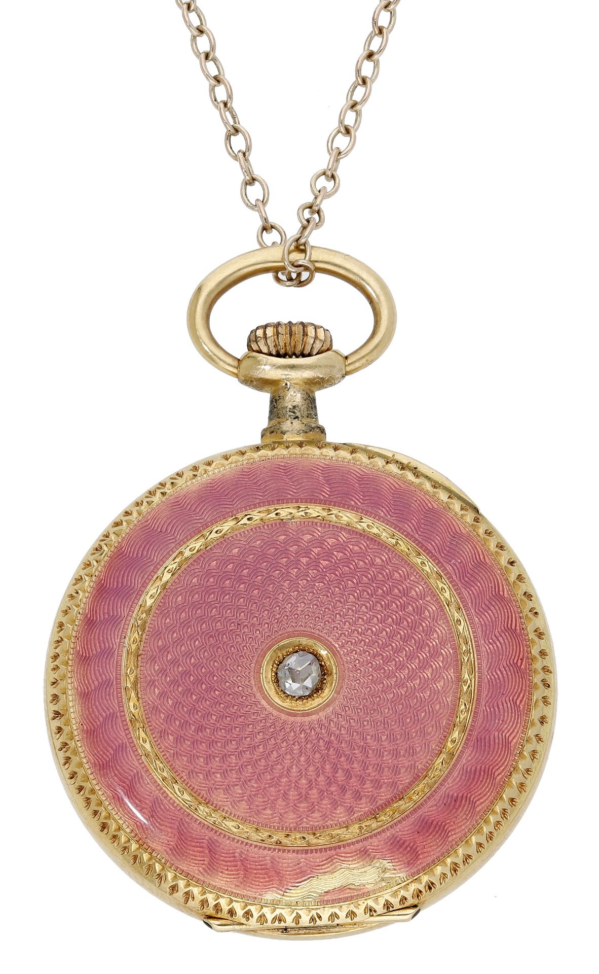 Swiss. A lady's gold, pink enamel and diamond-set keyless watch, circa 1910. Movement: leve...