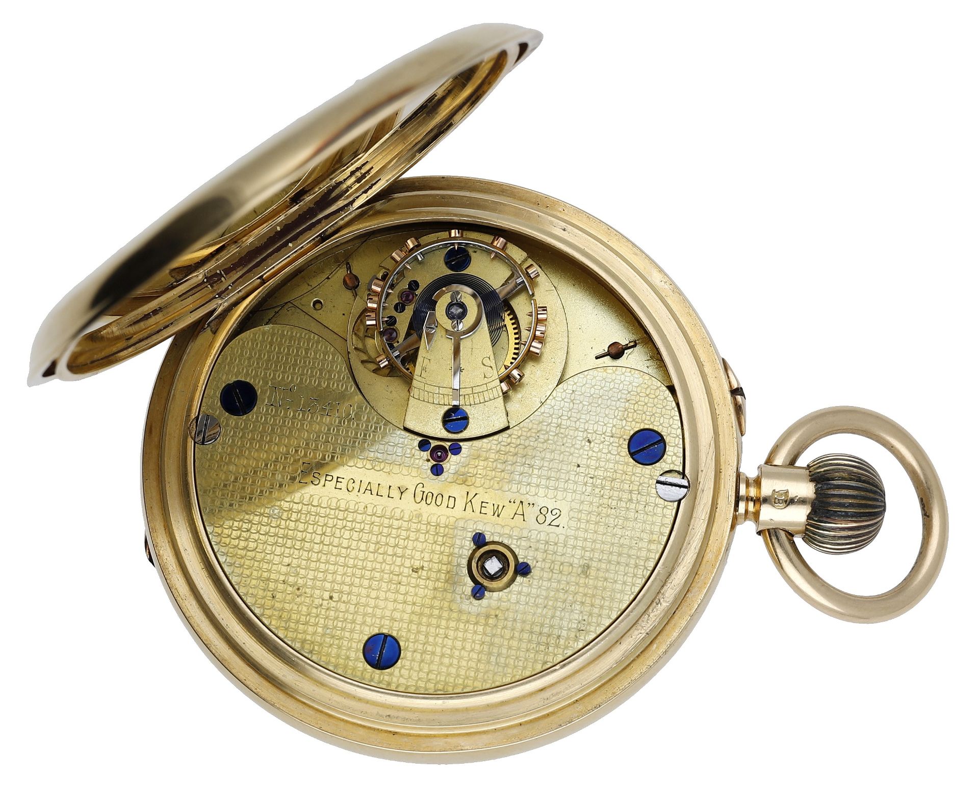 English. A gold half-hunting cased 52 1/2 minute karrusel keyless watch, No. 13410, 1905. M... - Bild 3 aus 5