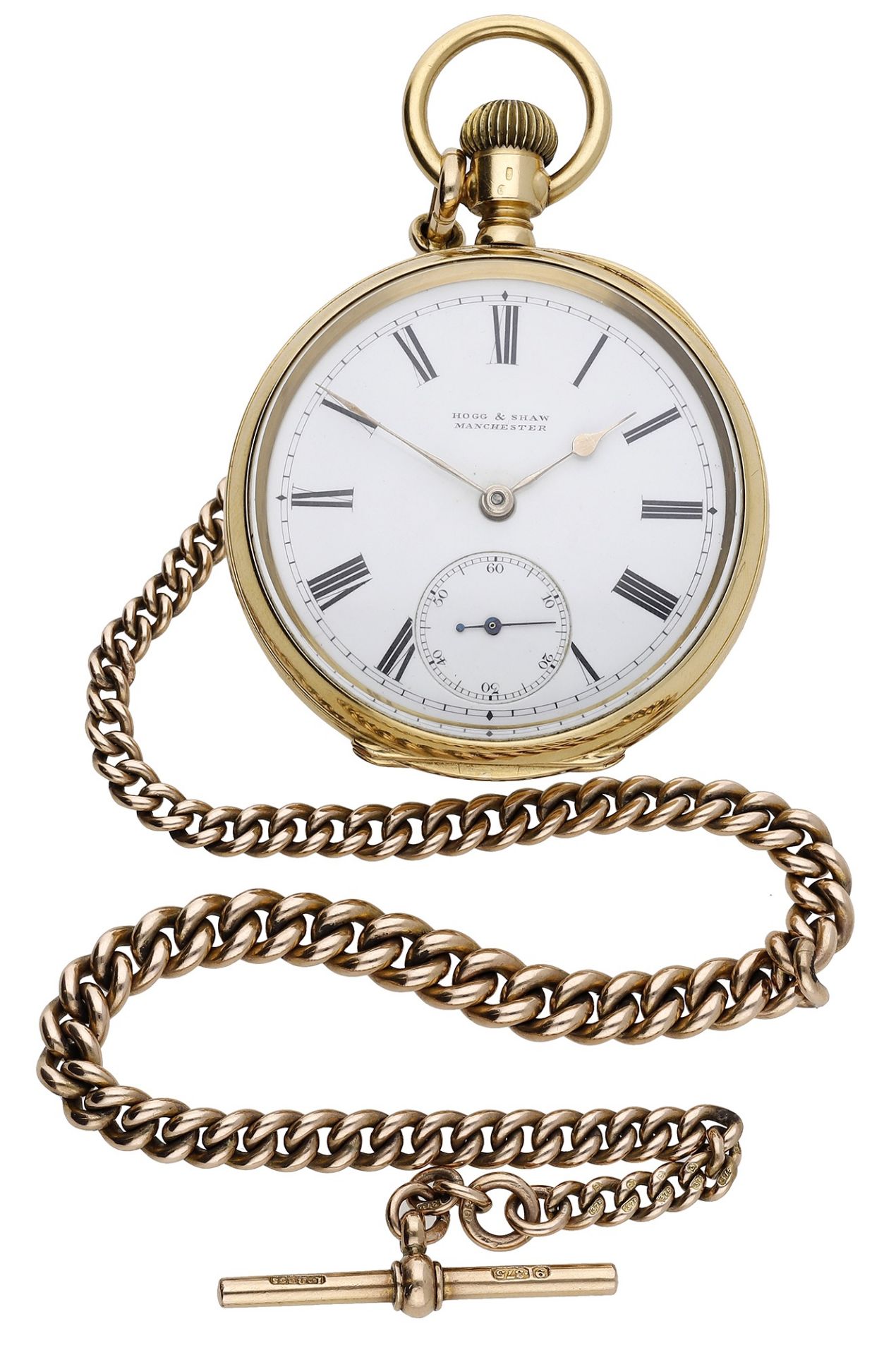 Waltham. Retailed by Hogg & Shaw, Manchester. A gold open-faced keyless watch with gold Albe...