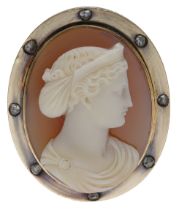 A 19th century hardstone cameo brooch, carved to depict a classical female profile in high r...