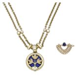 A lapis lazuli set gold and diamond floral pendant necklace, centred with a circular lapis l...