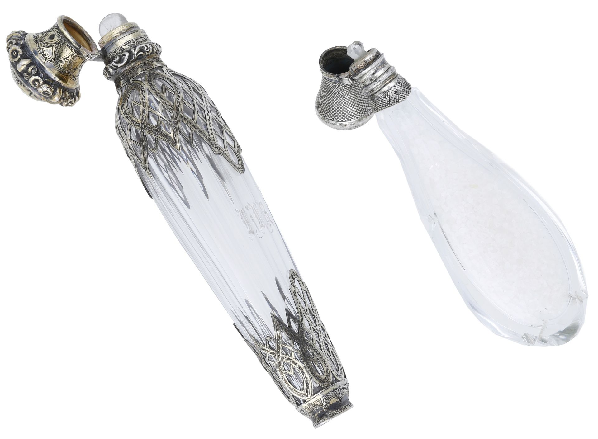 A late 19th century silver-overlaid glass perfume bottle, with pierce-decorated overlay to s... - Image 3 of 3
