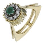 An emerald and diamond dress ring, circa 1970, of abstract form, the emerald and diamond clu...