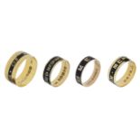 A collection of four 19th century memorial rings, all detailed with a black enamel band read...