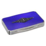 A silver and blue enamel box, the enamelled lid applied with marcasite-set white metal lozen...
