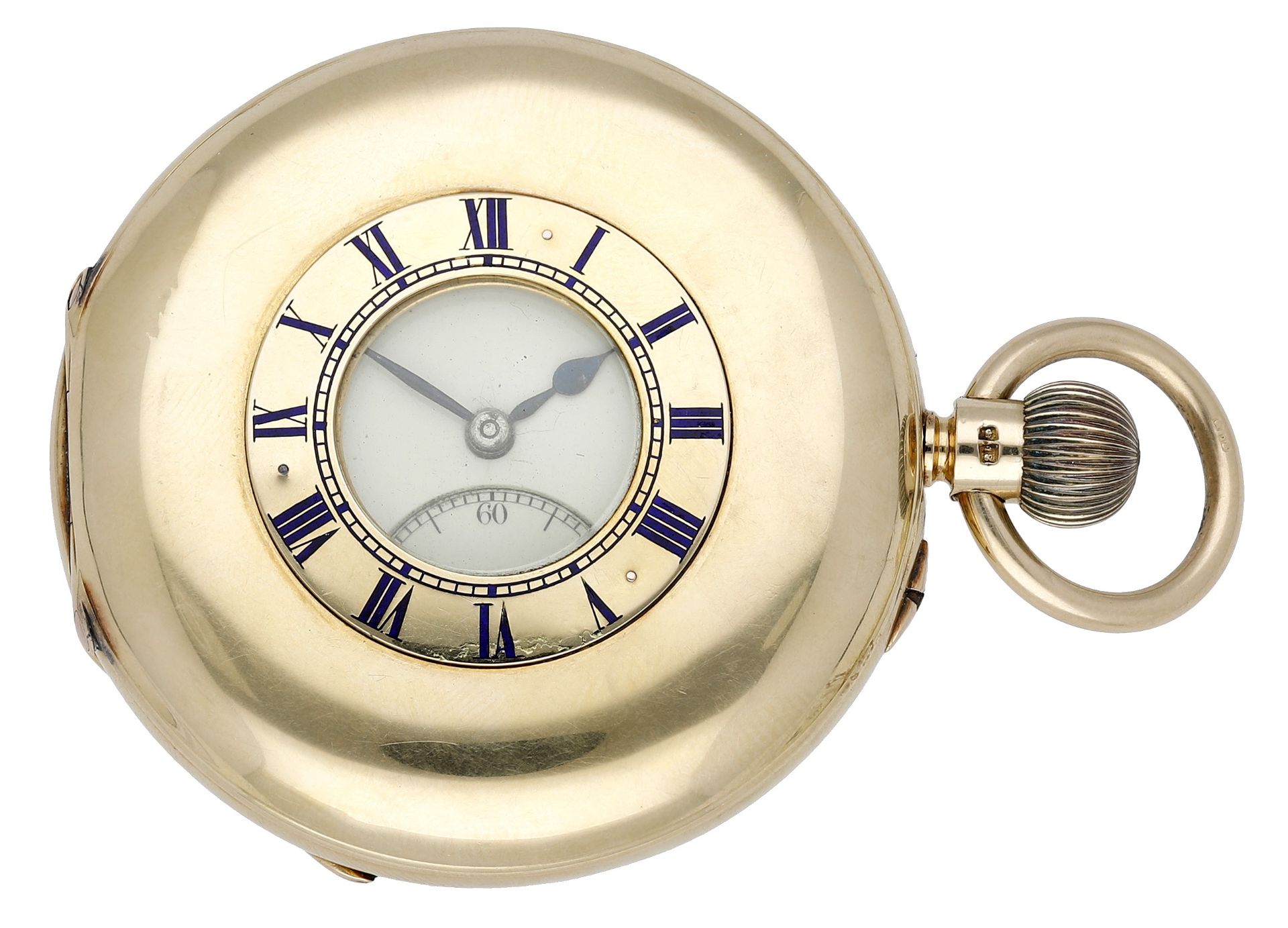 English. A gold half-hunting cased 52 1/2 minute karrusel keyless watch, No. 13410, 1905. M...