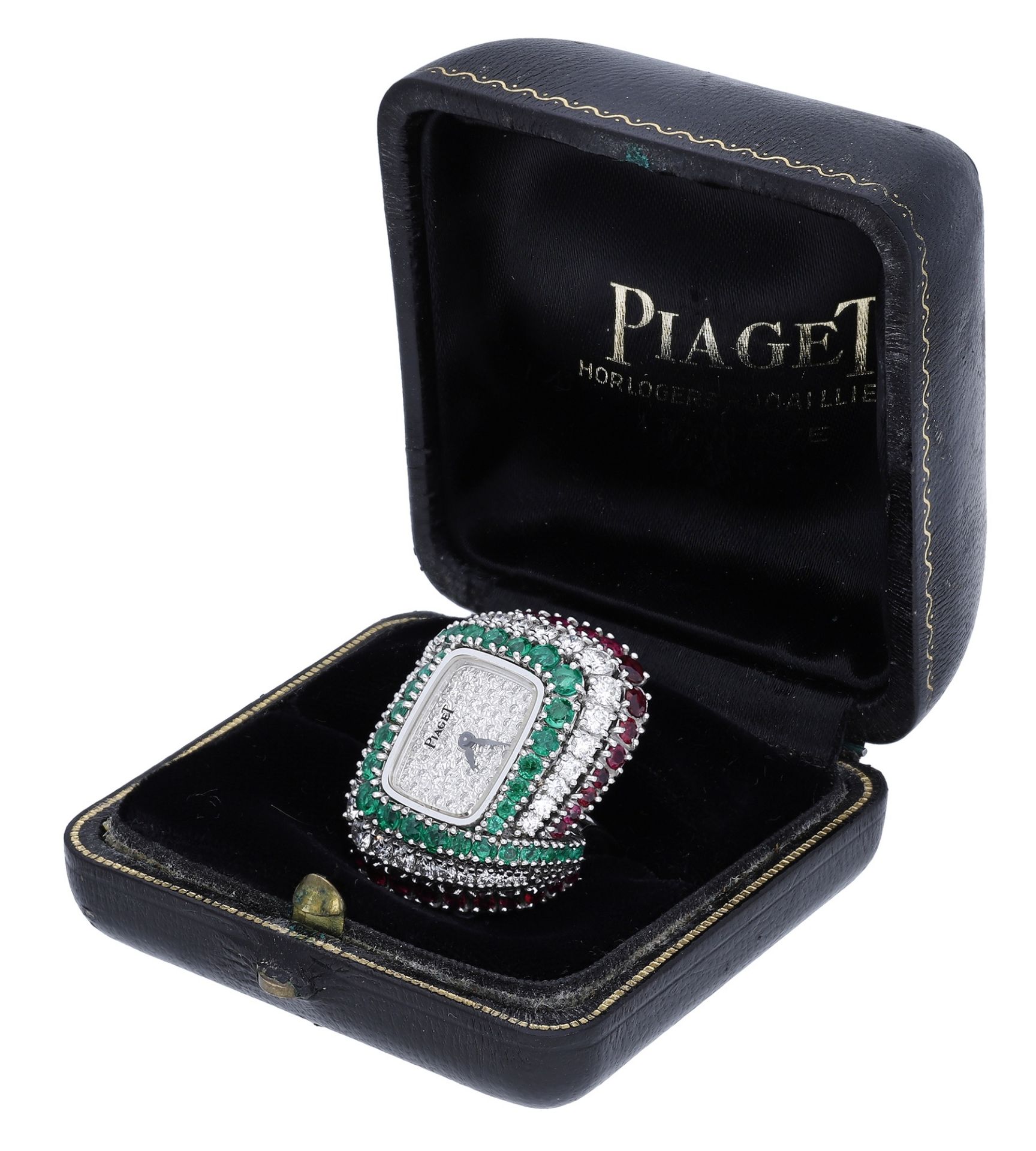 Piaget. A lady's white gold, emerald, ruby and diamond-set ring watch, ref. 3657, circa 1976...