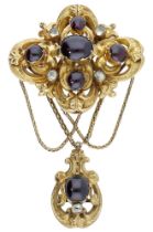 A mid 19th century gem-set brooch, the lozenge-shaped scroll surmount set with garnet caboch...