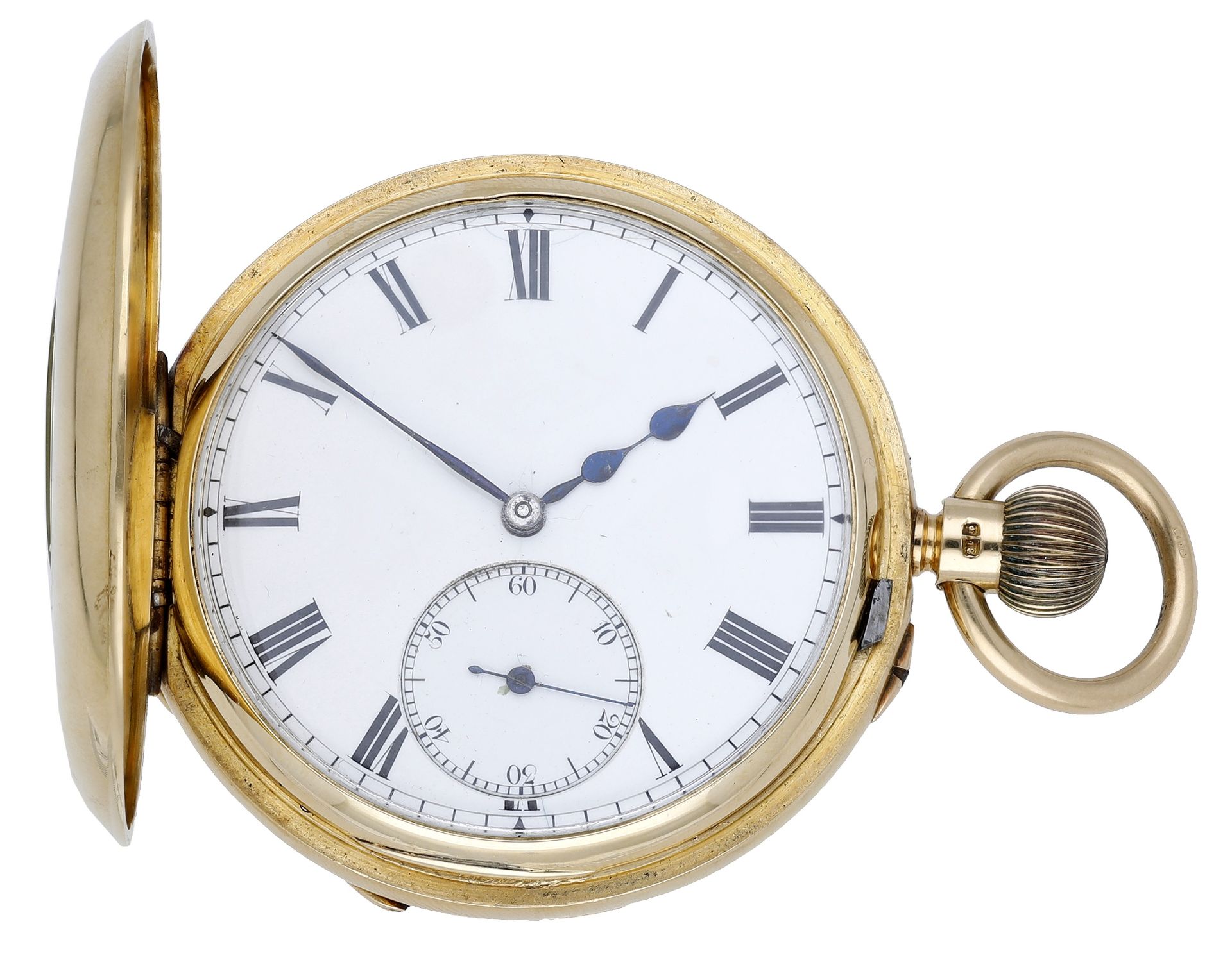 English. A gold half-hunting cased 52 1/2 minute karrusel keyless watch, No. 13410, 1905. M... - Bild 2 aus 5